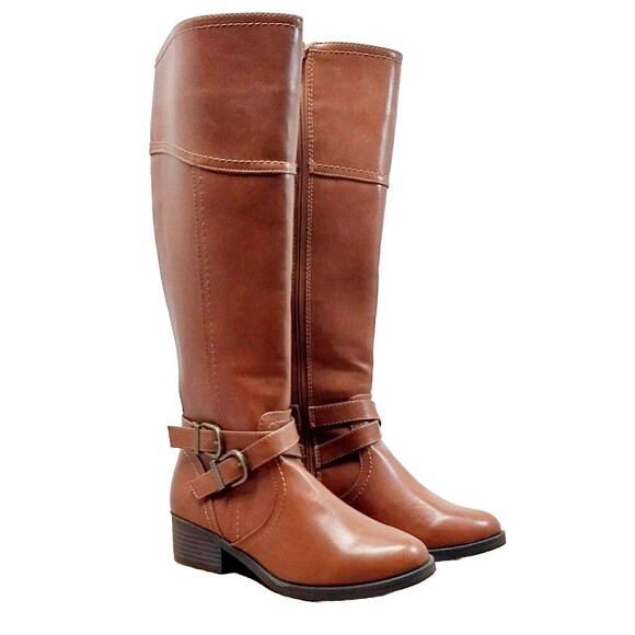 Toetos Womens Riding Boots Cognac Brown Size 7M Buckled Inner Zip Classy BNWOT - Picture 1 of 16
